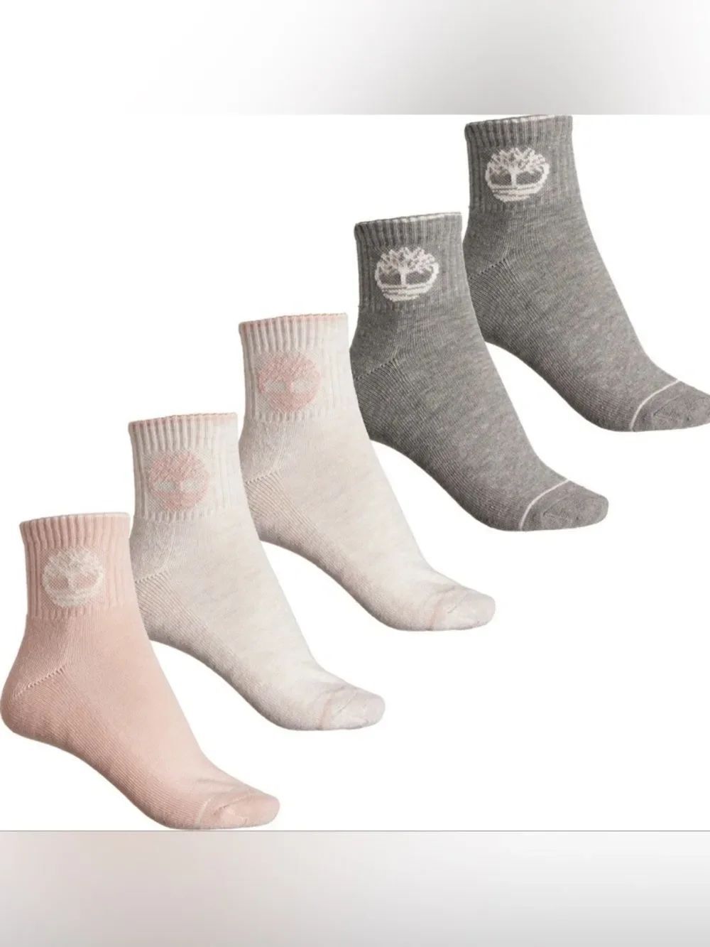 Timberland Ivory Pink Gray Logo Cushioned Quarter Crew Cotton Blend Socks 5 pack